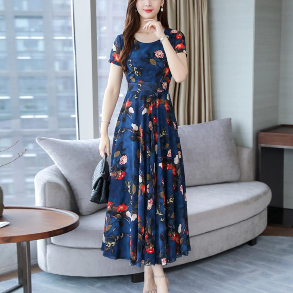 SUPERHOMUSE - Floral Printed Summer Dress Women Vestidos De Verano High  Waist Round Neck Short Sleeve Female Loose Casual Party Dresses - Walmart.com  - Walmart.com