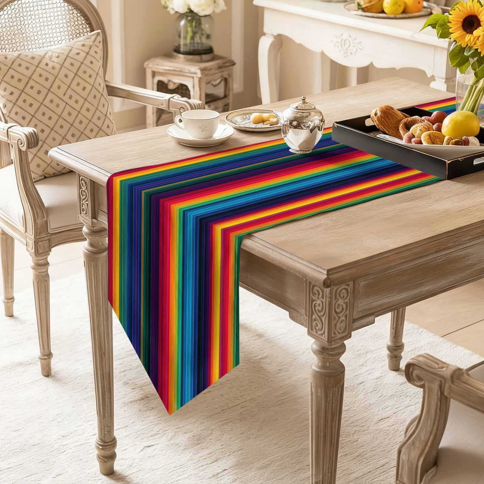 Colorful Mexican Table Runner 120 Inches Long Striped Modern Horizontal Stripes Table Runners for Dining Room Tabletop Dresser Scarf Home Party Banquet Wedding Holiday Decoration