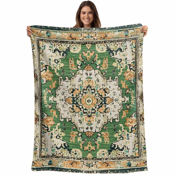 Green Orange Boho Throw Blankets, Vintage Bohemian Geometric Pattern Soft Fleece Blanket Decorative for Home Sofa Couch Chair Living Bedroom, 30x40 Inches,