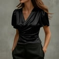 thumbnail image 2 of UPPADA Wrap V Neck Satin Blouse for Women Casual Puff Short Sleeve Summer Ruched Bust Shirts Lightweight Dressy Business Top Black,S, 2 of 8