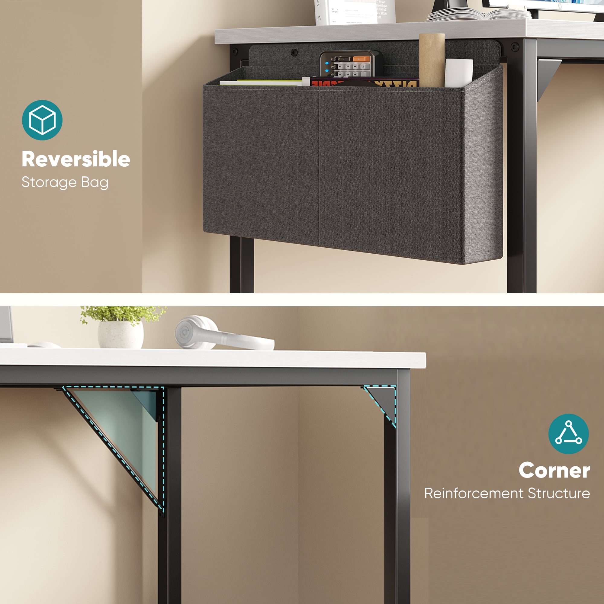Gianna 63" Computer Desk with Metal Frame, Waterproof Surface and Storage Bag – Perfect for Office Use, White