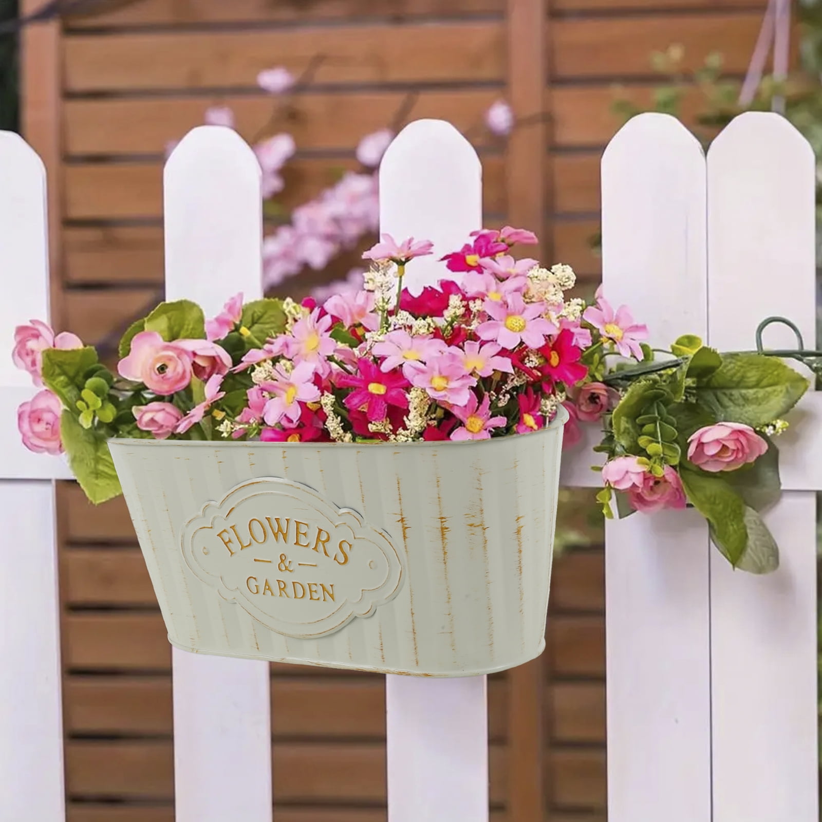 Keyohome 3Pcs Hanging Flower Pots,Metal Wall Planter,Iron Bucket Planter for Indoor Outdoor,Railing Hanger with Detachable Hooks,Drainage,Rustproof,off-White,10.6"