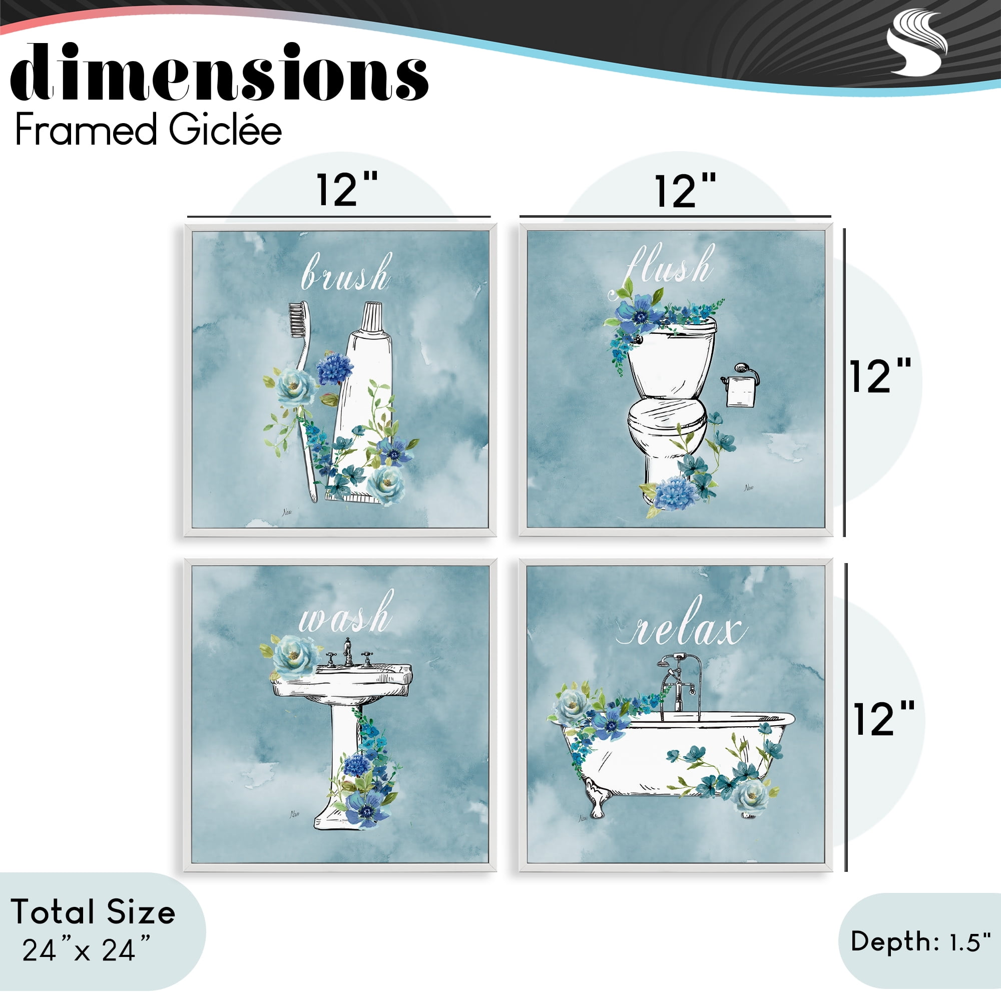 Stupell Industries Blue Floral Bathroom Rules 4 Piece White Framed Giclee Art Set, design by Nan