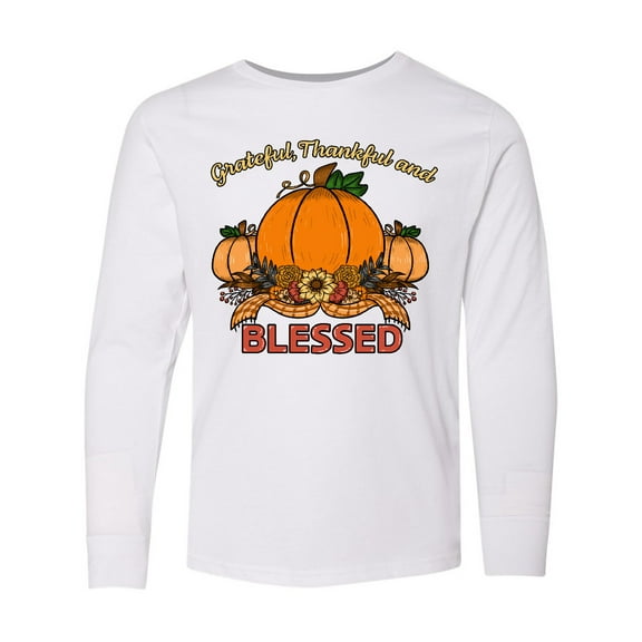 Inktastic Thankful Grateful and Blessed Pumpkins and Sunflower Long Sleeve Youth T-Shirt