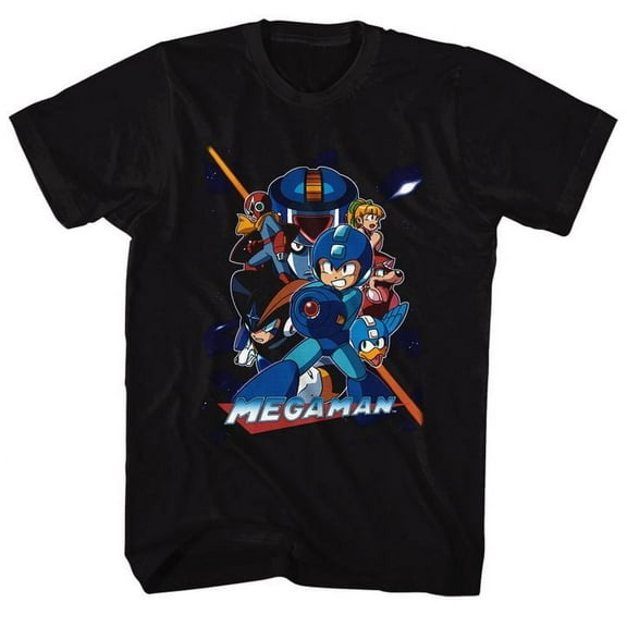 Mega Man Collage Orange Beam Black Adult T-Shirt