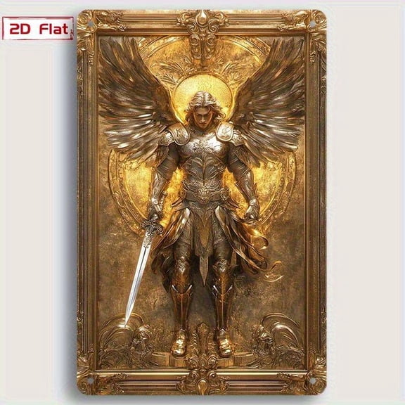 Archangel Michael Metal Tin Sign 8x12 Inch Golden Wings Vintage Wall Art Durable Lightweight Iron Plaque Easy Hanging Home Decor  Print Decorative