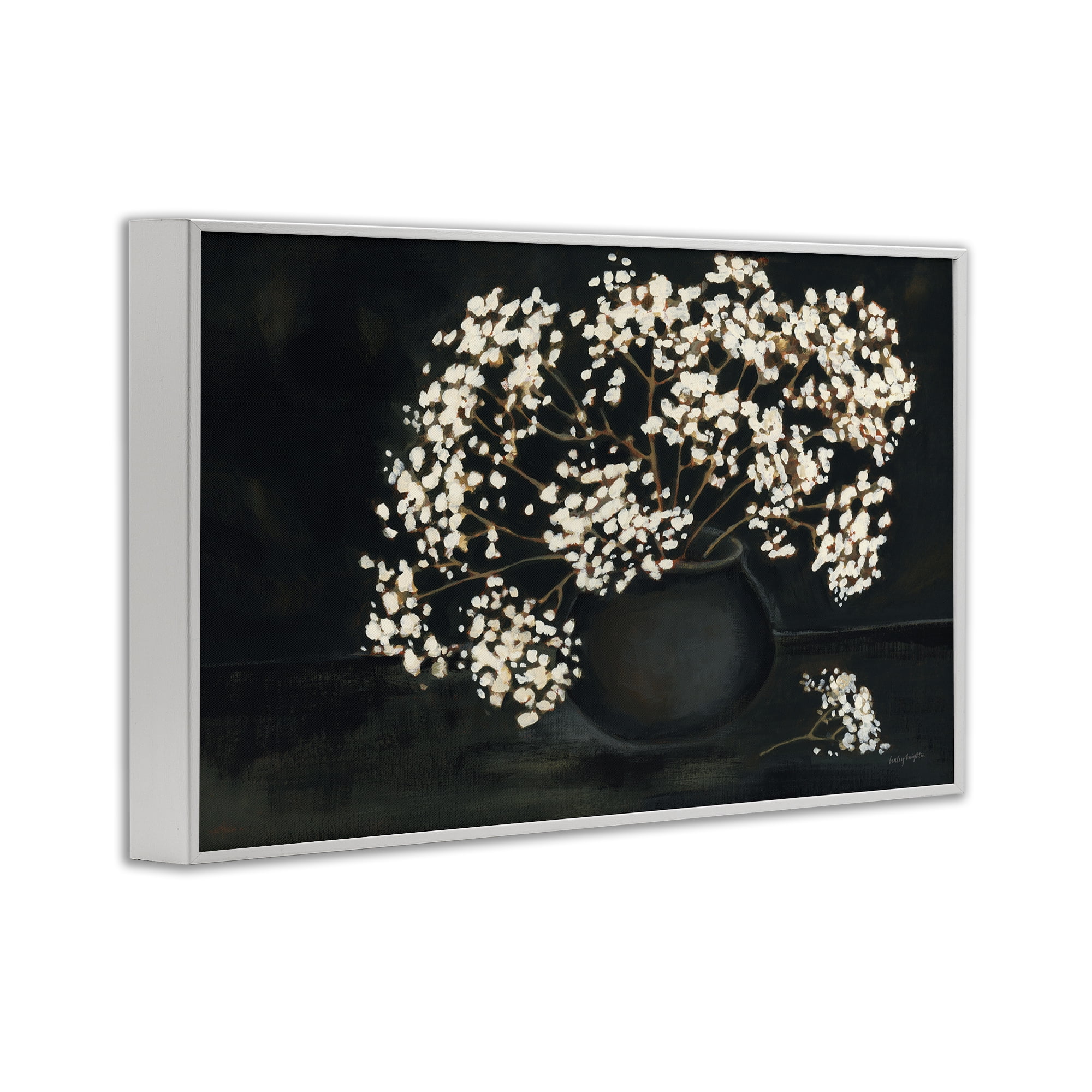 Stupell Industries Baby's Breath on Black Botanical & Floral Painting White Framed Art Print Wall Art, 30 x 20