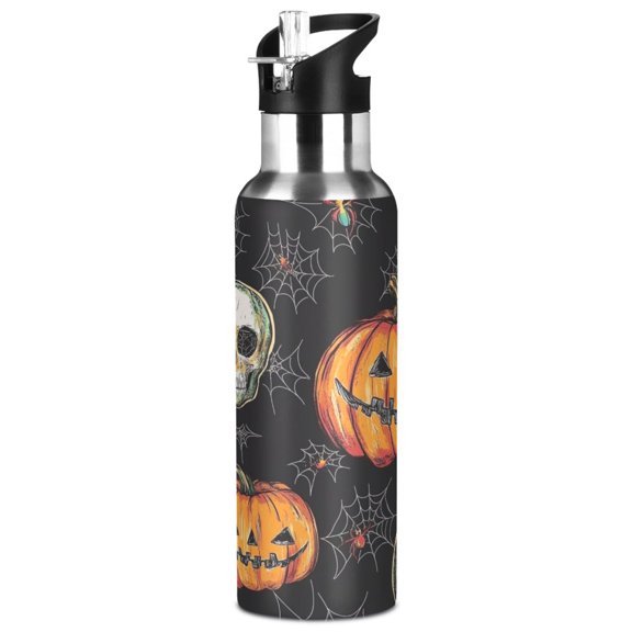 1000ml Vacuum Insulated Sports Water Bottle with Foldable Straw Stainless Steel Portable Thermos Cup Hand-drawn Skull and Pumpkin
