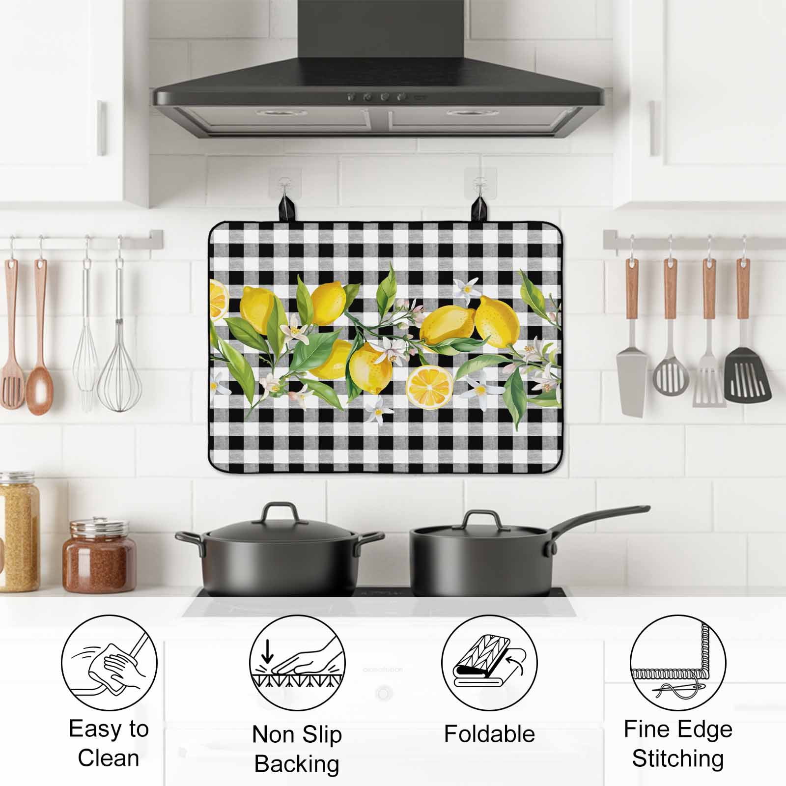 Lemon Stove Top Cover for Electric Stove, Heat-proof & Non Slip Glass Top Stove Cover Protector, Farmhouse Summer Botanical Fruit Black White Plaid Kitchen Flat Cooktop Rubber Mat 24x21 Inches