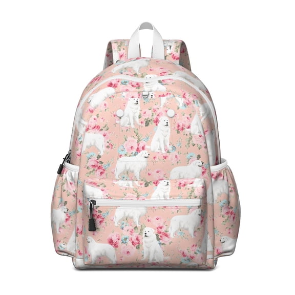 Great Pyrenees Dog and Flower Backpack for School,Cute School Bag,Schoolbag with Adjustable Shoulder Straps & Padded Back,13.4"x11"x4.7"