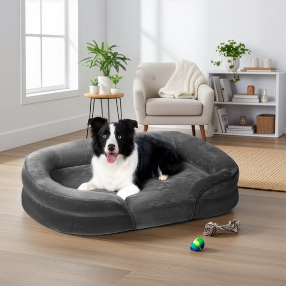 Cama para Perro Grande, Colchoneta Ortopédica de Franela y Terciopelo, 91 x 68 x 18 cm, Gris