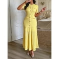 thumbnail image 3 of AURA Womens Elegant Bodycon Midi Dress Short Sleeve High Waist Button Detail Casual Office Dress Bigsize, 3 of 5
