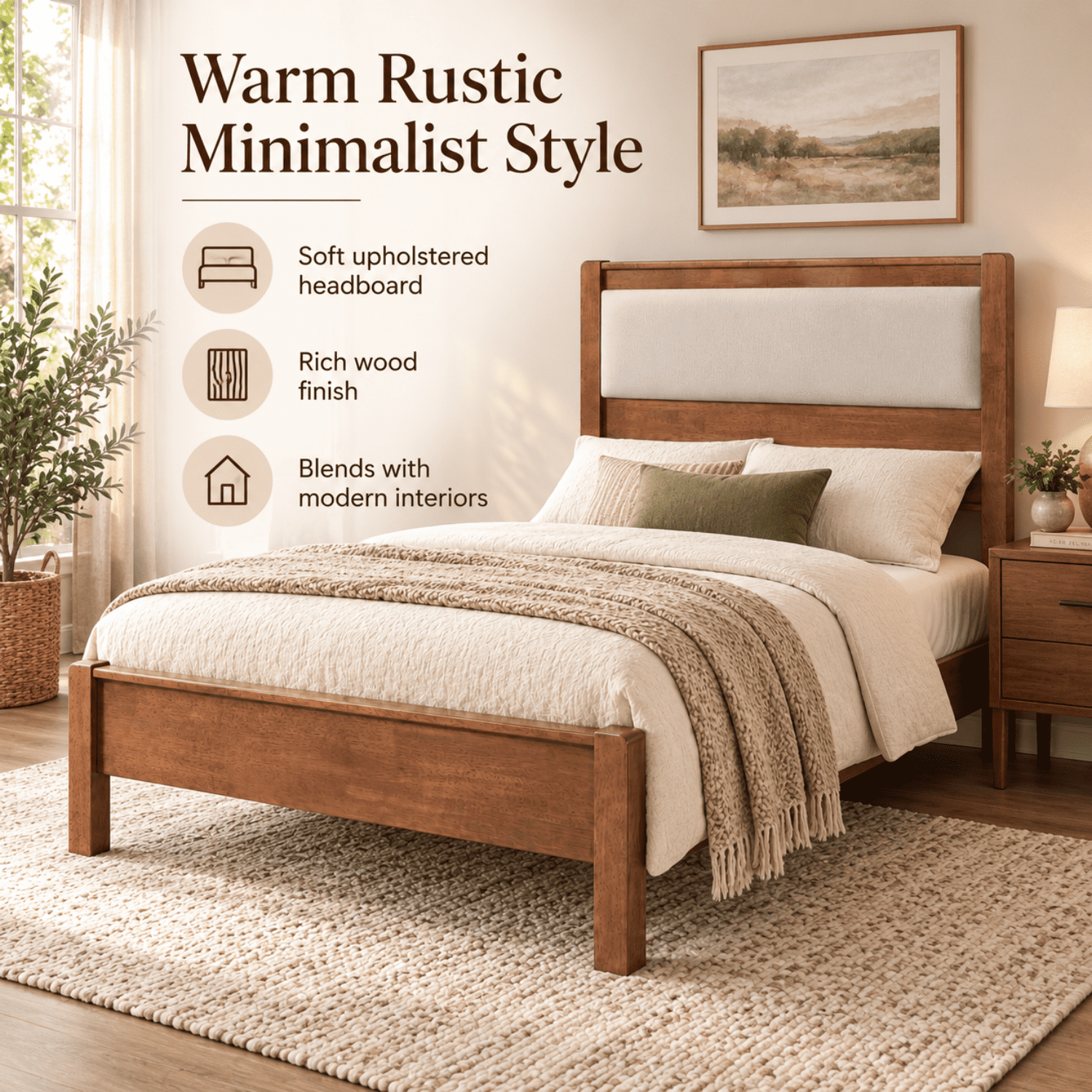 Miniyam Twin XL Rubberwood Platform Bed Frame with Padded Upholstered Headboard, Brown