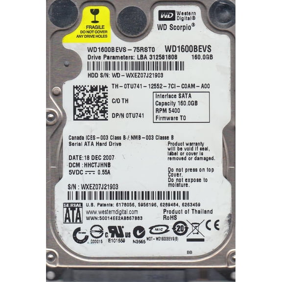 WD1600BEVS-75RST0, DCM HHCTJHNB, Western Digital 160GB SATA 2.5 Hard Drive