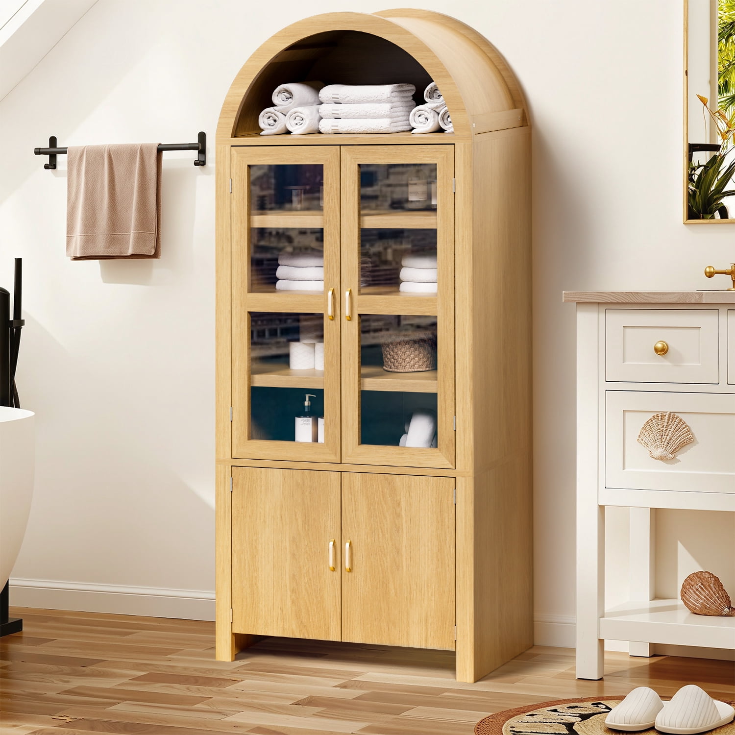 BaPro 71" Tall Arched Kitchen Pantry Cabinet, Modern Farmhouse Style Storage Cupboard with Adjustable Shelves for Dining & Living Room, Oak