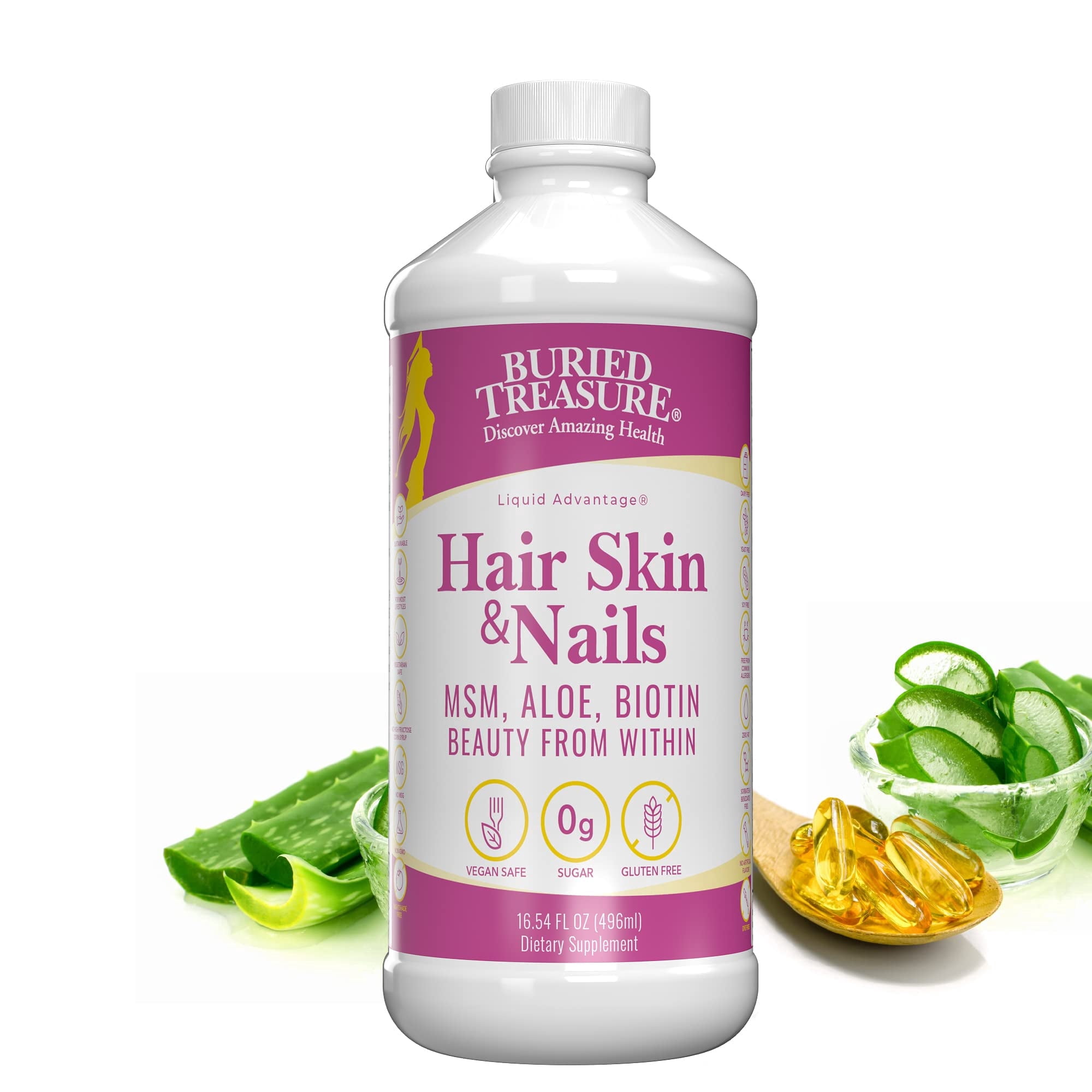 Buried Treasure Hair, Skin and Nails – 16 oz with MSM Biotin Aloe Vera Plus Vitamins and Minerals in Liquid Whole Food Complex for Fuller Hair, Stronger Nails and Clearer Skin