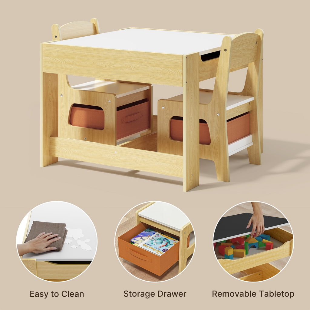 Aiho Kids Table and 2 Chairs Set, 4-in-1 Kids Table Set, Child Activity Desk with Chalkboard/Whiteboard - Retro