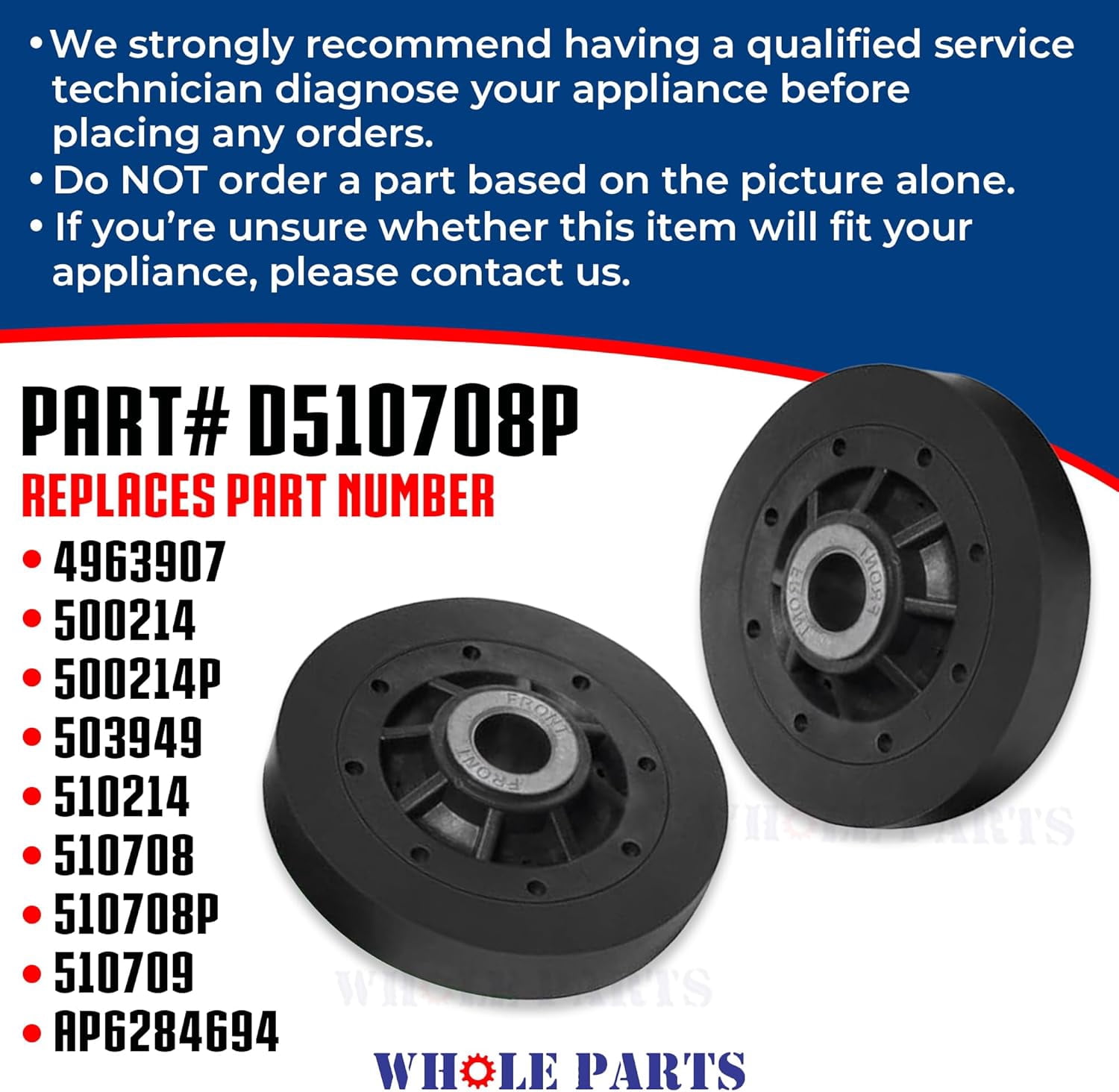 Upgraded Whole Parts Dryer Drum Support Rollers (2 PCs) Part# D510708P - Replacement & Compatible with Some Speed Queen and Alliance Dryers