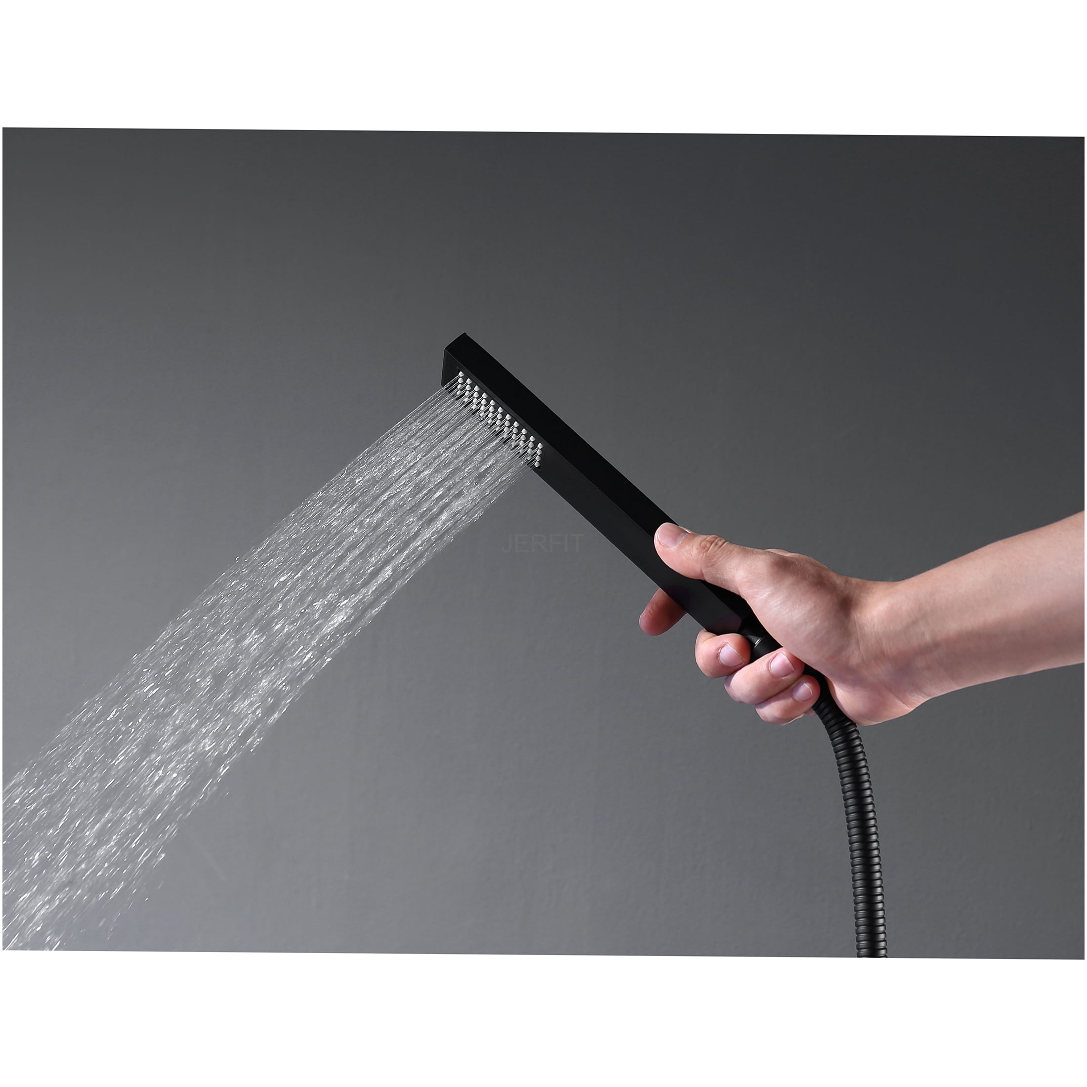 JERFIT Matte Black Freestanding Tub Filler with Hand Shower, Single Handle Floor Mount Waterfall Bathtub Faucet
