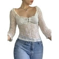 thumbnail image 4 of Lamuusaa Women Lace T-shirt, Scoop Neck 3/4 Sleeve See-through Summer Tops for Club Party, 4 of 8