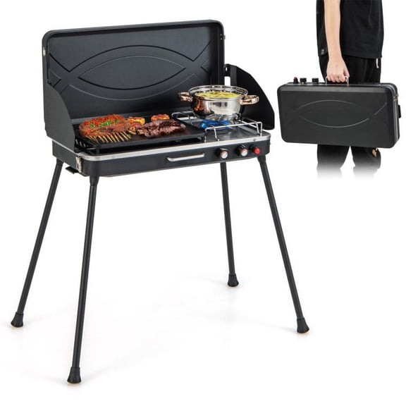 2 in 1 Portable Gas Camping Grill Stove with Detachable Legs