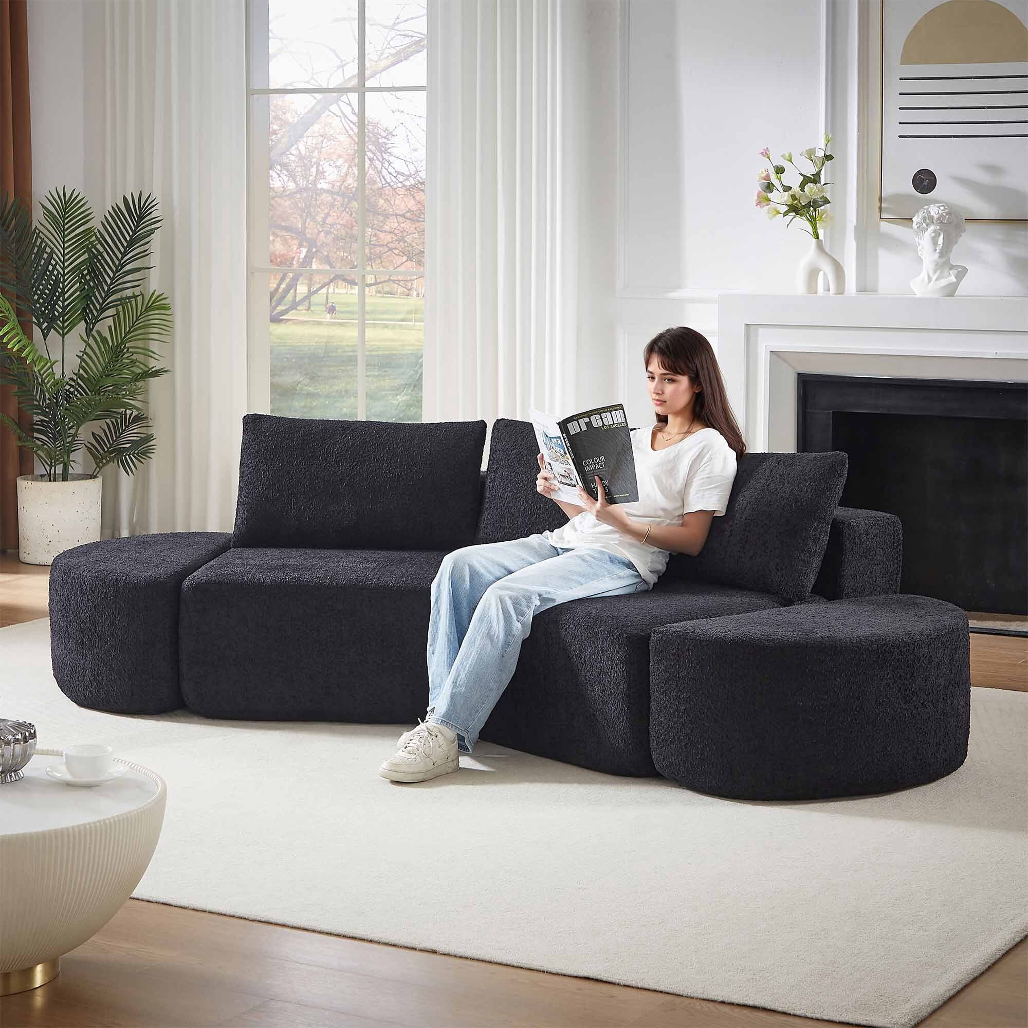 Lunale 106" Oversized Modular Sectional Sofa with 2 Curved Movable Ottomans,Boneless Cloud Couch for Living Room, Black (Left Chaise)