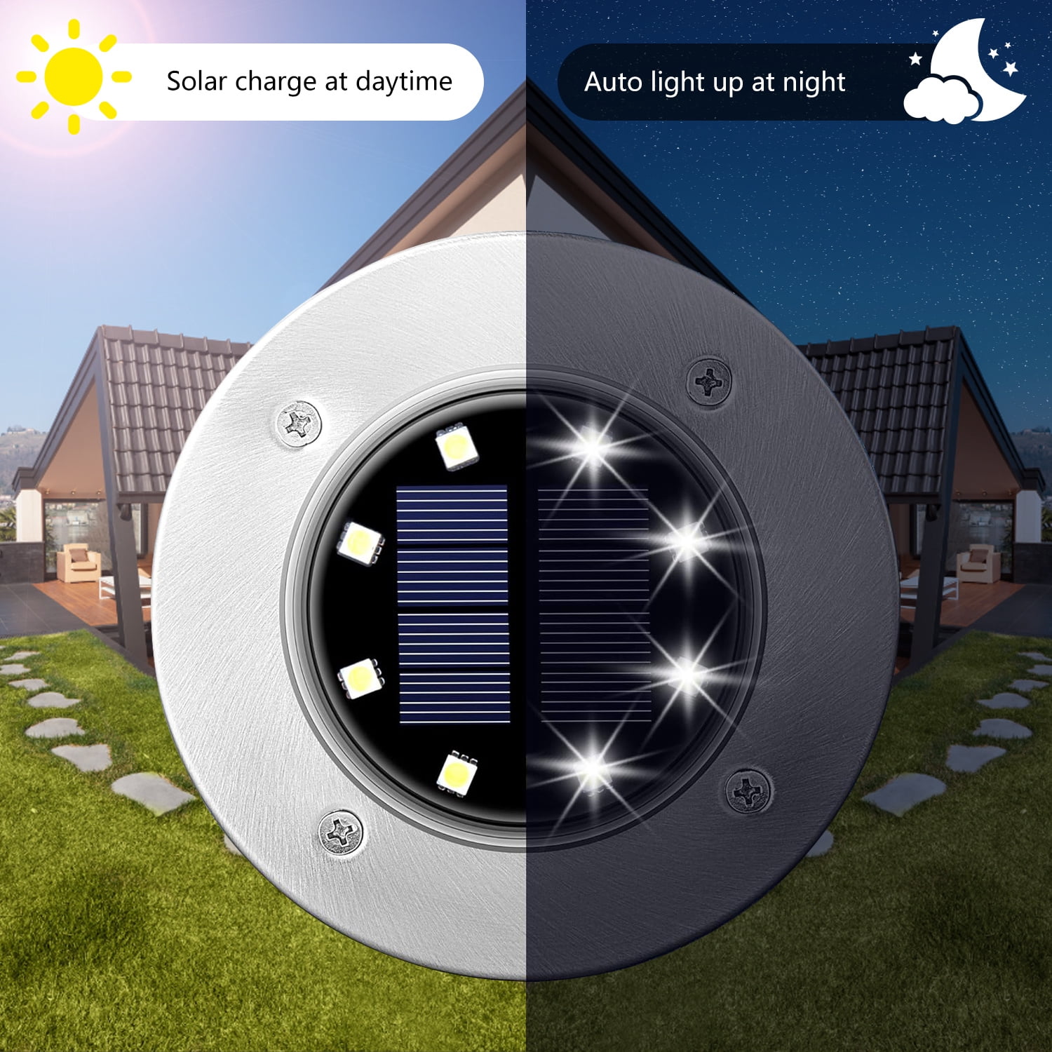 8 Pack 8 LED Solar Disk Lights, Outdoor Solar Ground Landscape Light for Garden Patio Decor, Cool White