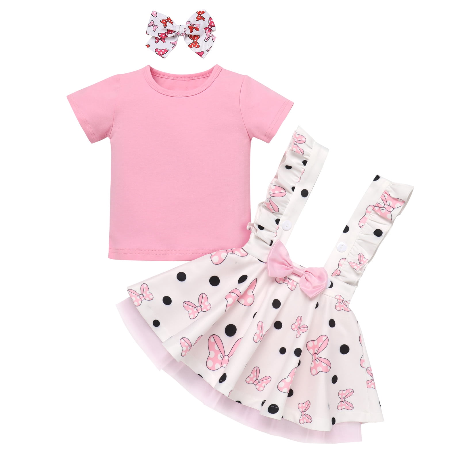 IBTOM CASTLE Toddler Baby Girls Mouse Birthday Outfit Short Sleeve Pullover T-shirt Suspender Skirt with Headband Cake Smash Casual Outfits 6-12 Months Pink