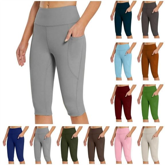 QATAINLAV Capri Leggings with Pockets for Women Knee Length High Waisted Yoga Workout Long Shorts Tummy Control Athletic Running Tight Capris, Dark Gray, XL
