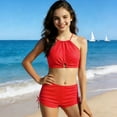 thumbnail image 4 of Pandaie Girls' Bandeau Bikini 2-Piece Swimsuit Solid Color Halter Tankini Kids Tank Tops Drawstring Shorts Bathing Set for Beach Vacation 13-14 Years Red, 4 of 9