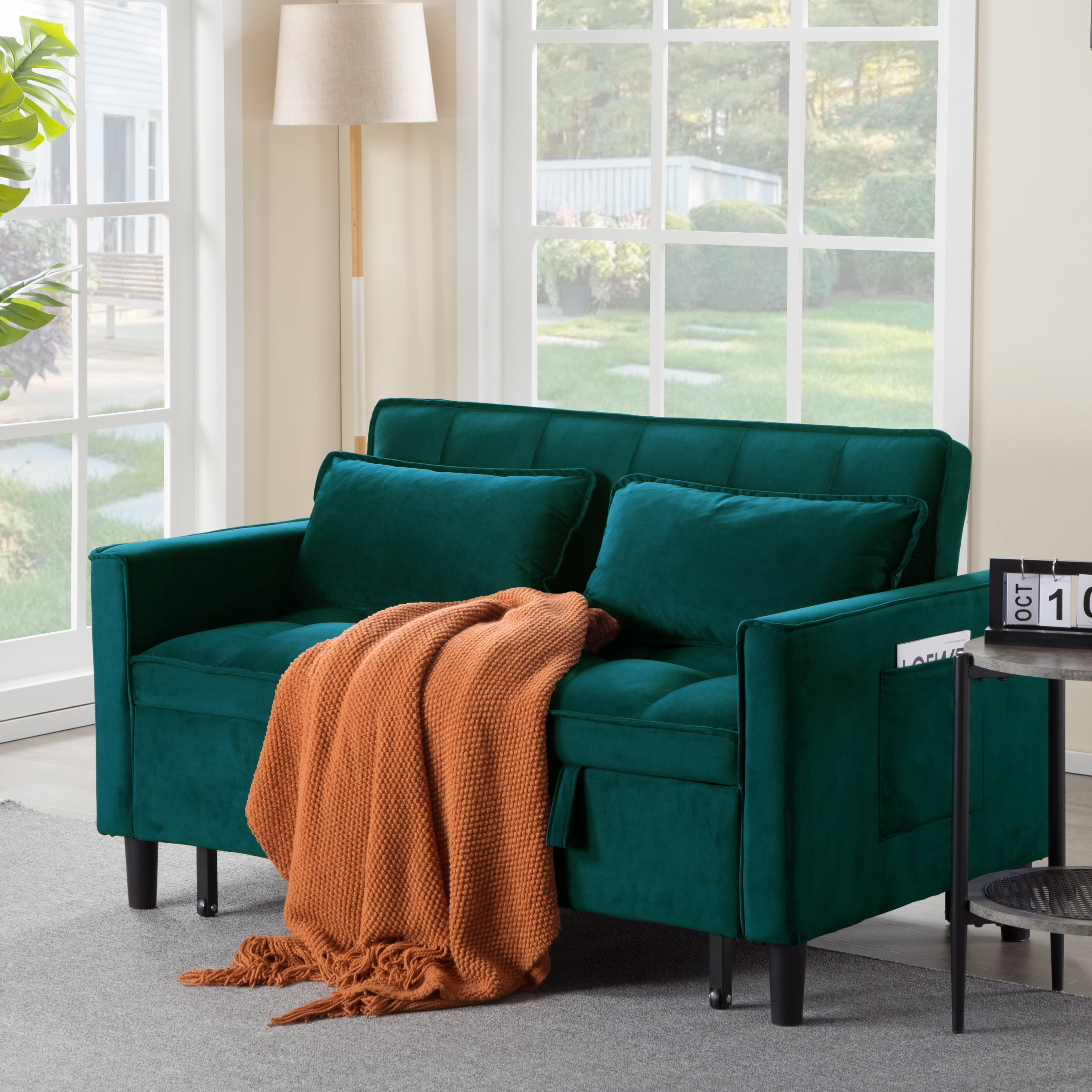 BSHTI 53.94" Pull-Out Sleeper Sofa Bed with Velvet Upholstery, 3-Position Reclining Back, Solid Wood Frame for Apartment/Office（Turquoise）
