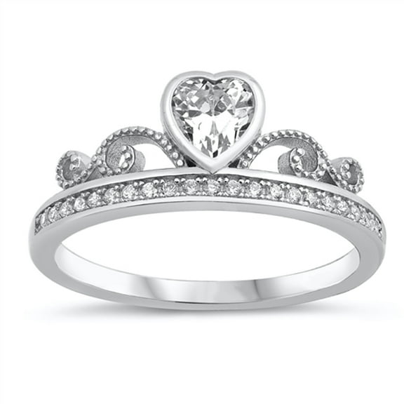 White Cubic Zirconia Heart Bezel Tiara Crown Ring .925 Sterling Silver Band Jewelry Female Size 6