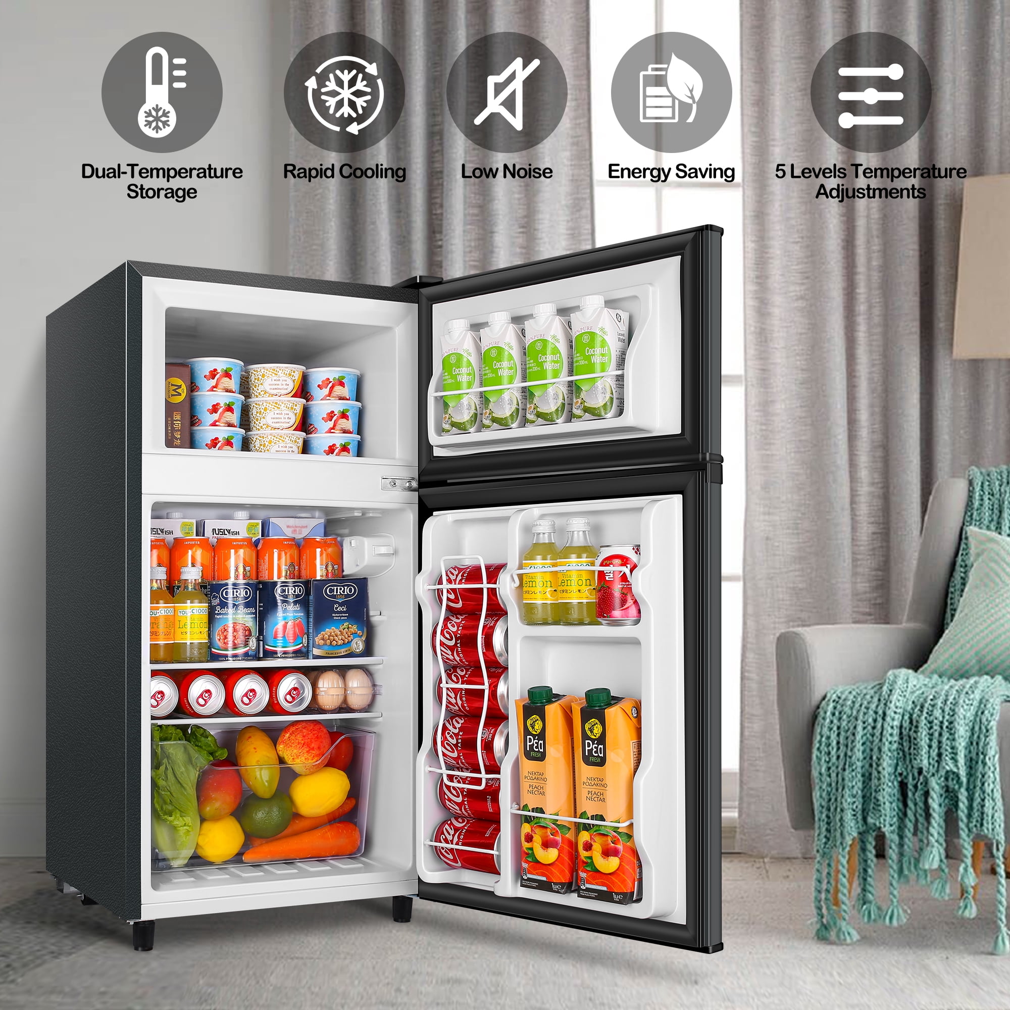WANAI Two Door Mini Fridge with Freezer, 3.5 Cu ft Small Freezer ,Dark Grey