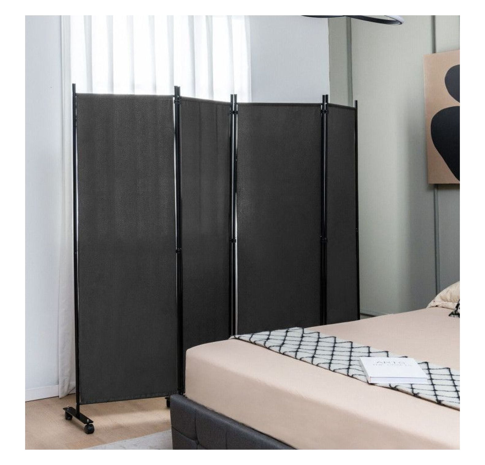 Yunken 4-Panel Room Divider with Locking Casters, 5.6 Ft Steel Frame Folding Screen for Bedroom & Office Use