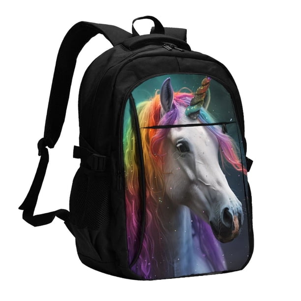 Balery Colorful Haired White Horse Mochila con carga USB para hombre y mujer - Mochila impermeable y antirrobo para portátil con puerto USB para viajes, trabajo, estudios y universidad