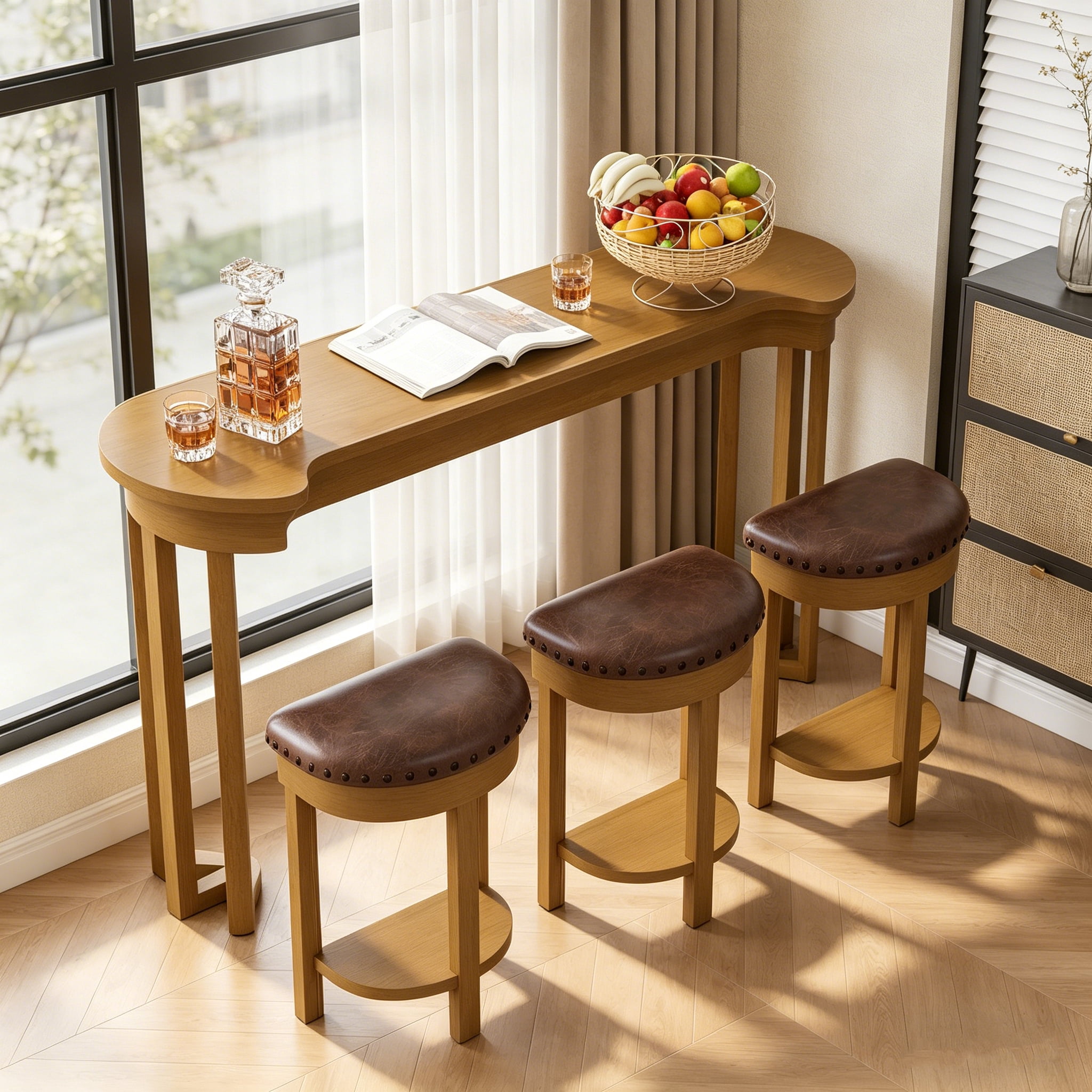 Aukfa 60"Solid Pine Wood Bar Set with 3 Stools, Space-Saving Kitchen Dining Table for 3, Compact Bistro Set for Small Apartments,Natural
