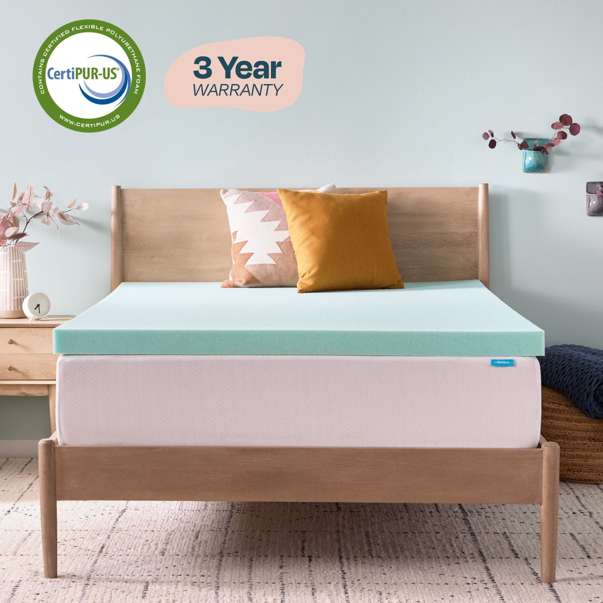Linenspa 3" Cooling Gel and Green Tea Infused Memory Foam Mattress Topper, King