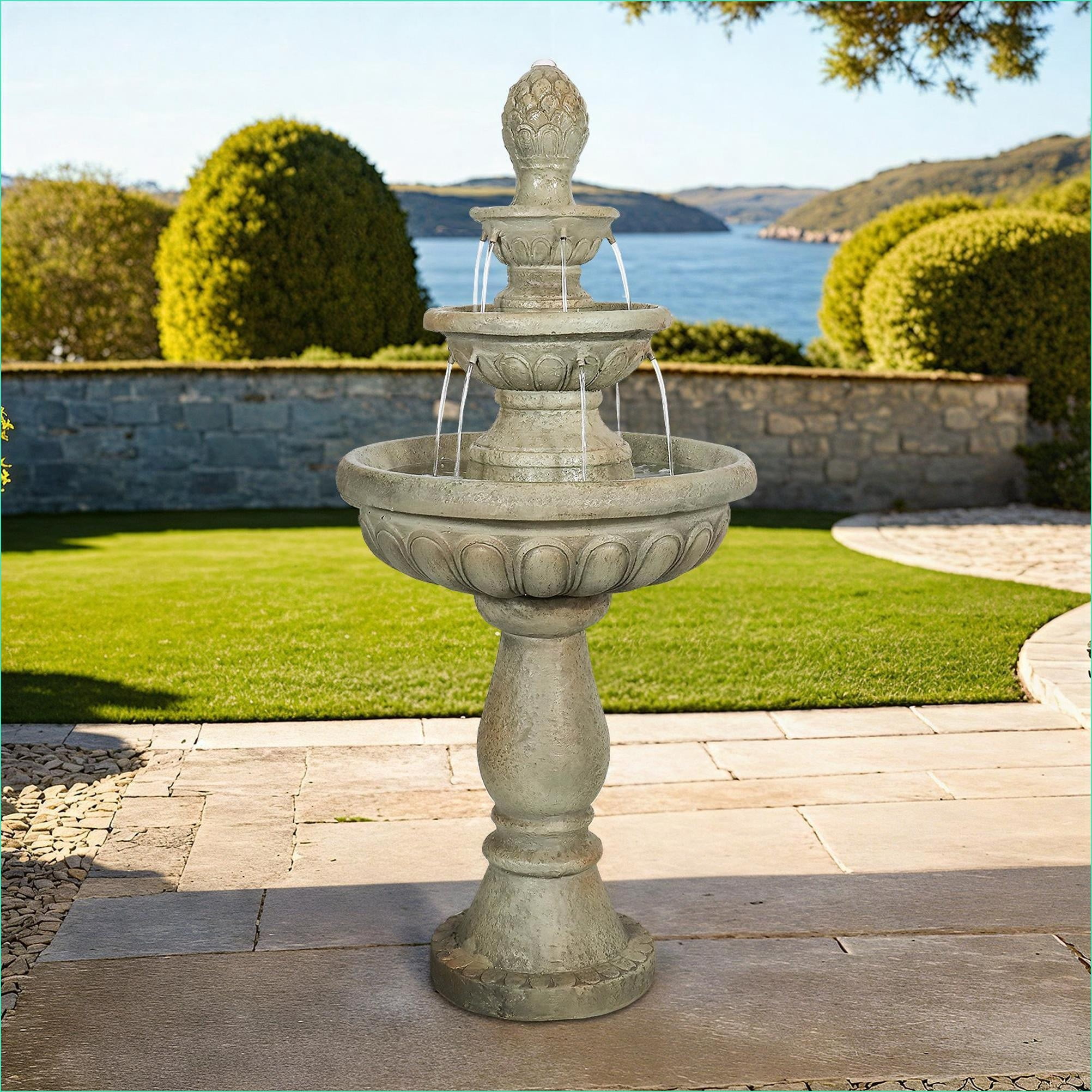 Fountains | 3-Tier Modern 42.5" Outdoor Water Fountain for Garden Patio Yard, Includes UL Pump, Tan Brown Finish | Concrete / Cement | Brown
