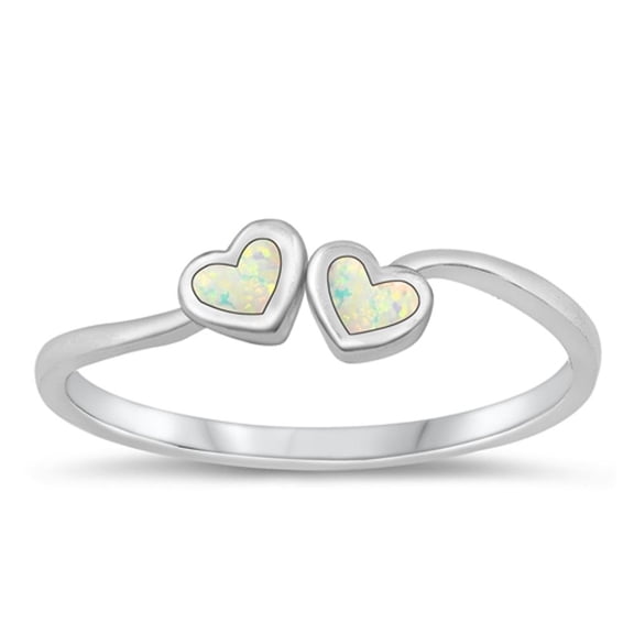 CHOOSE YOUR COLOR White Simulated Opal Ring .925 Sterling Silver Loving Hearts Band CZ Female Size 8