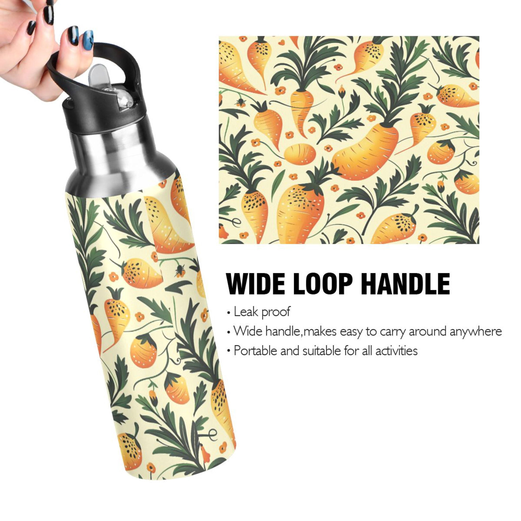 Water Bottles 20oz Straw Lid Wide Mouth Stainless Steel for School Sport Travel Parsnip Folk Art