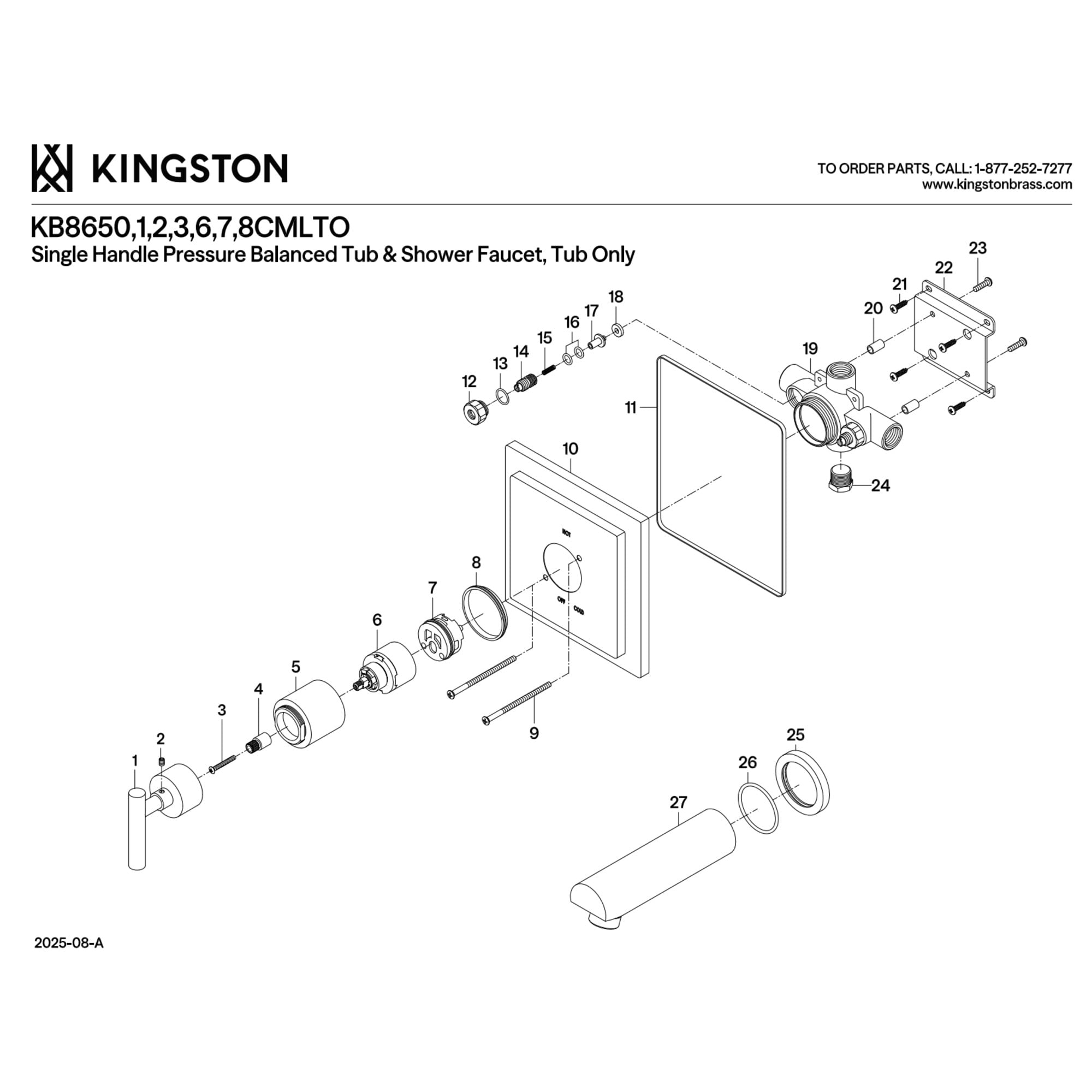 Kingston Brass KB8656CMLTO Manhattan Single-Handle Pressure Balanced Tub Faucet in Polished Nickel