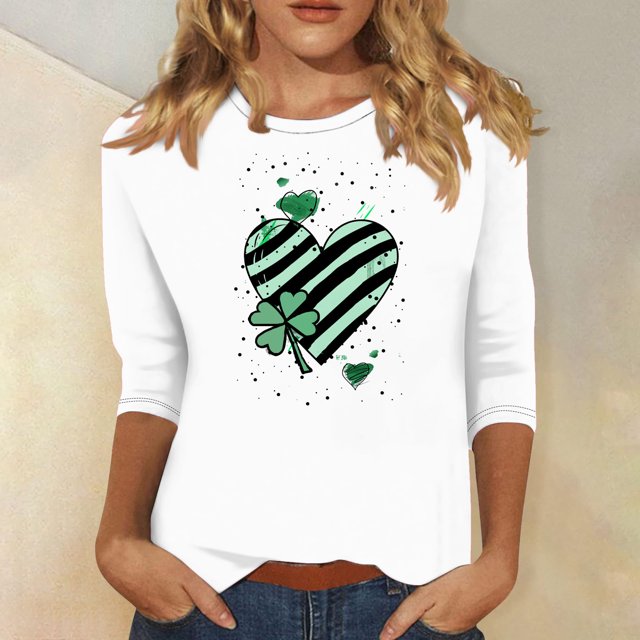 Meichang T-Shirts à Manches 3/4 pour Femmes T-Shirts de la Saint-Patrick Hauts Graphiques Trèfle Chanceux T-Shirts de Vacances Col Rond Blouses en Liquidation