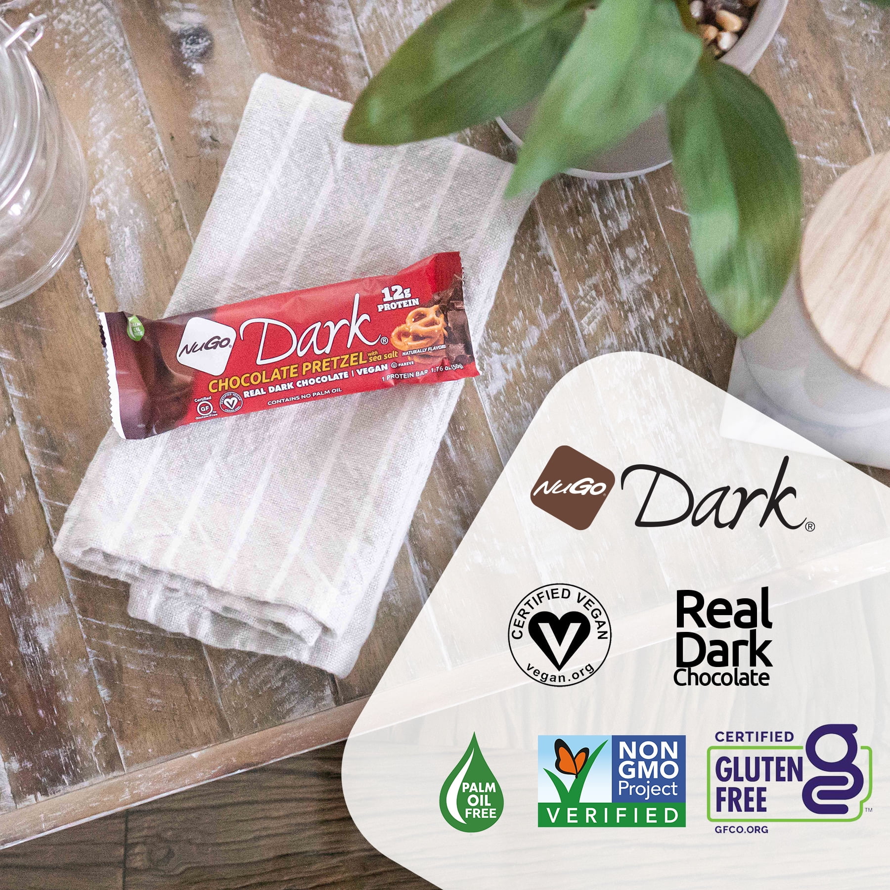 NuGo Dark Chocolate Pretzel and Sea Salt, 12g Protein, Vegan, Gluten Free, Kosher Pareve, 24 Count