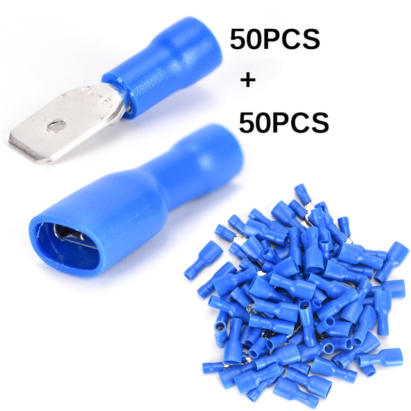 100X Fully Insulated Blue Female Electrical Wire Spade Crimp Connector Terminal 