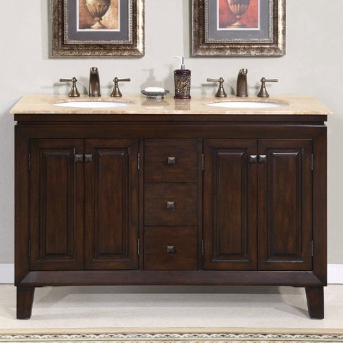 Silkroad Exclusive Transitional Travertine Bathroom Vanity Double Sink
