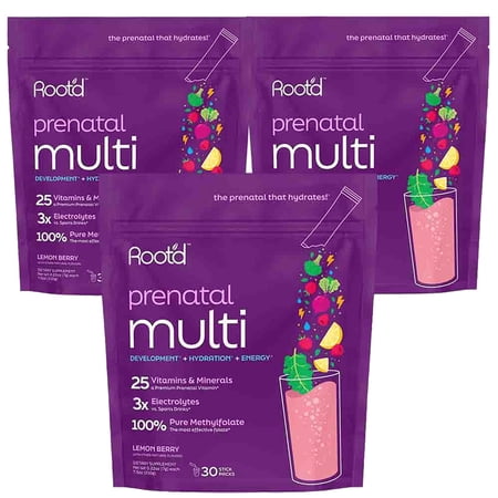 Root'd Prenatal Multivitamin Powder - 25 Vitamins & Minerals with 3x Electrolytes, Folate, Iron, D3 for Mom & Baby, 7 Superfood & Probiotics, Sugar-Free Vitamins & Hydration | 90 Vitamin Drink Packet