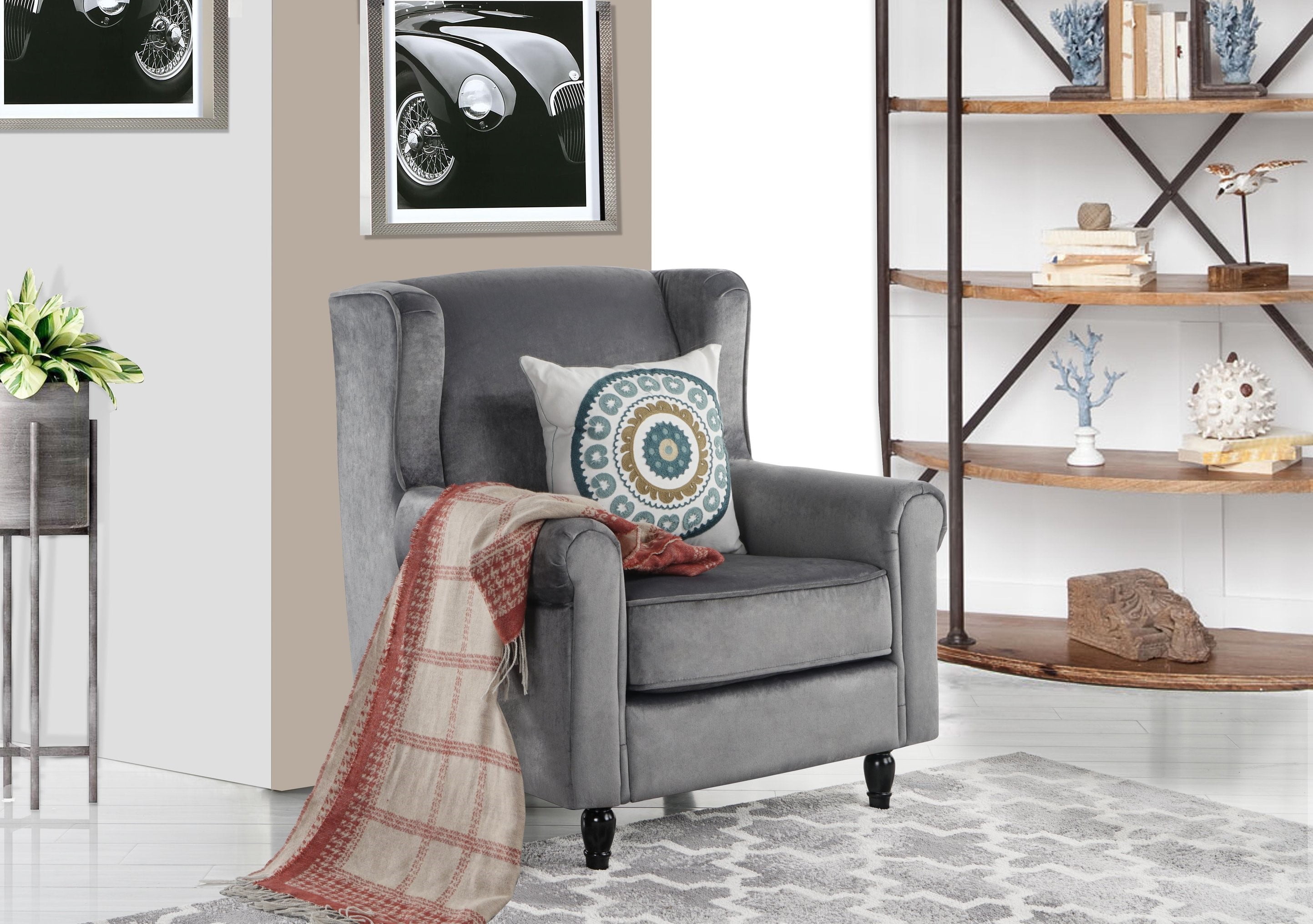 Vintage Style Velvet Fabric Accent Chair, Living Room Armchair, Grey