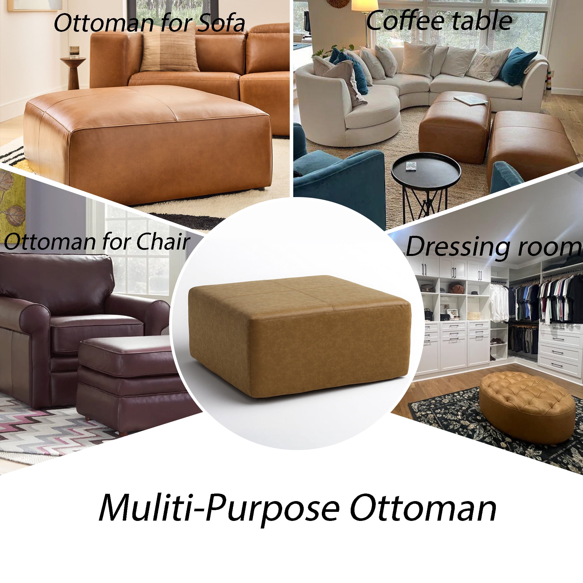 35" Wide Oversized Square Ottoman Coffee Table, Faux Leather Couch Ottoman Large Footstool for Living Room (Camel Brown, Square)