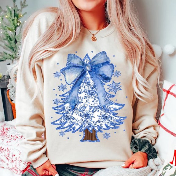 Coquette Blue Christmas Sweatshirt, Glitter Chinoiserie Tree Pullover, Preppy Holiday Toile Sweatshirt, Blue Floral Bow Aesthetic Outfit