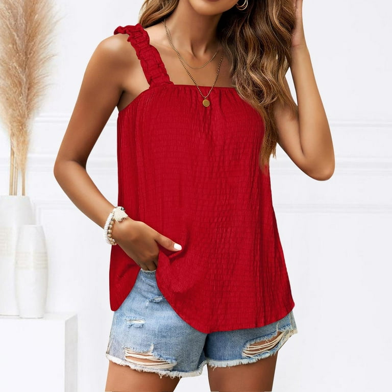 PMUYBHF Tank Top for Women Loose Fit Cropped Red Tank Top Woman Lace Women  Fashion Top Blouse Print Mesh Sleeveless off Shoulder Shirt Loose Blouse  Top Tank 
